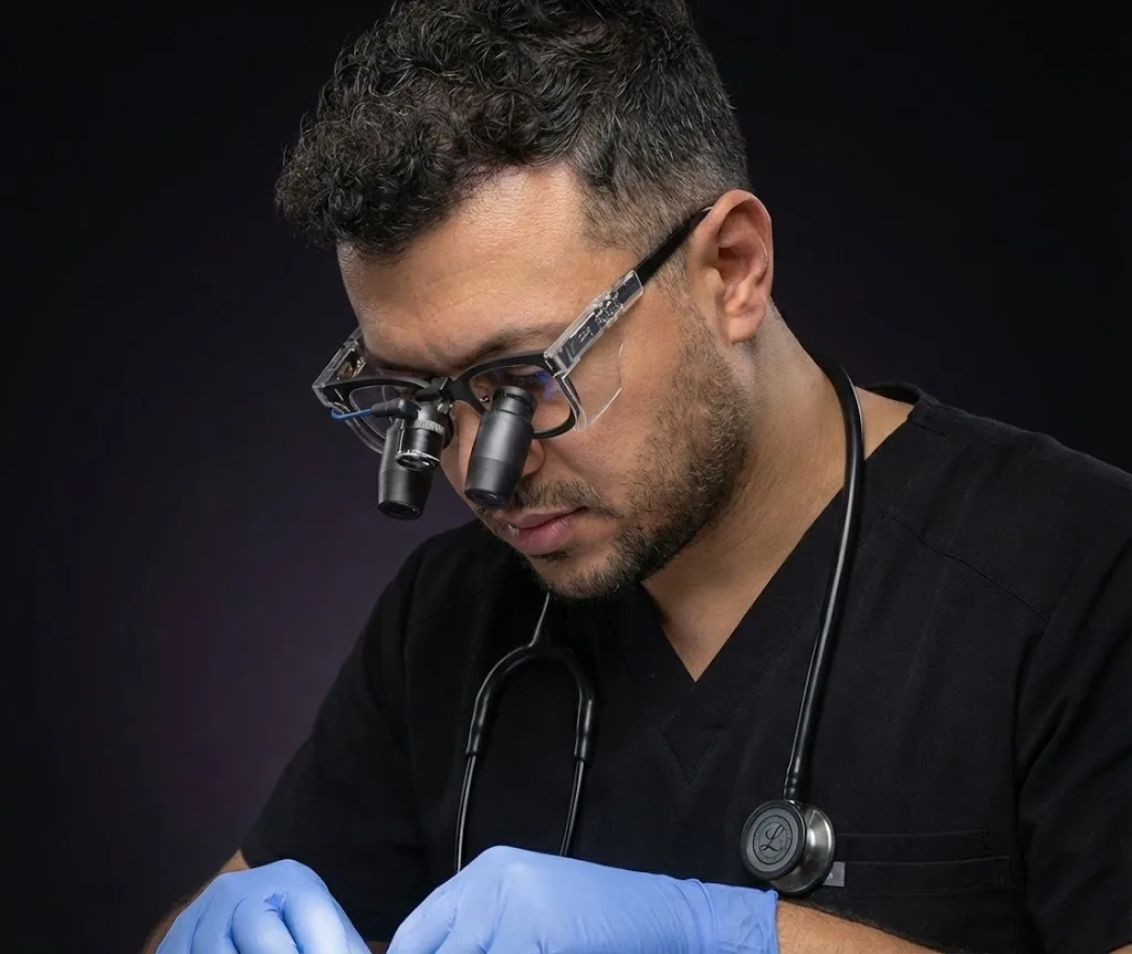 Dr. Mesut Demir wearing surgical loupes at Pure Line Clinic